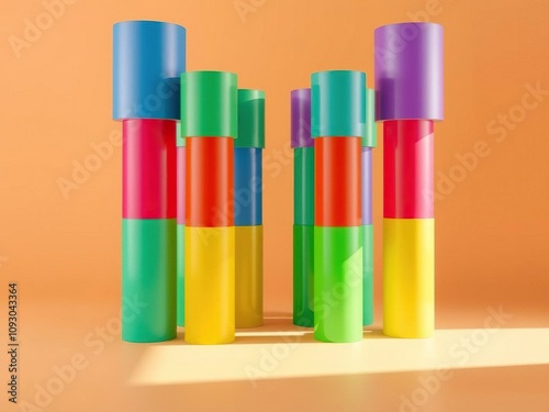 A cluster of vibrant, cylindrical pillars rises from the floor, surrounded by a neutral-toned background that lets their dynamic colors take center stage, futuristic, contemporary