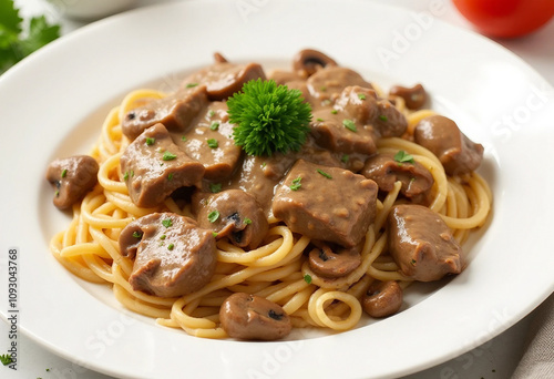 Close-up of creamy beef stroganoff served over egg noodles in a white bowl, garnished with fresh parsley and rich mushroom sauce