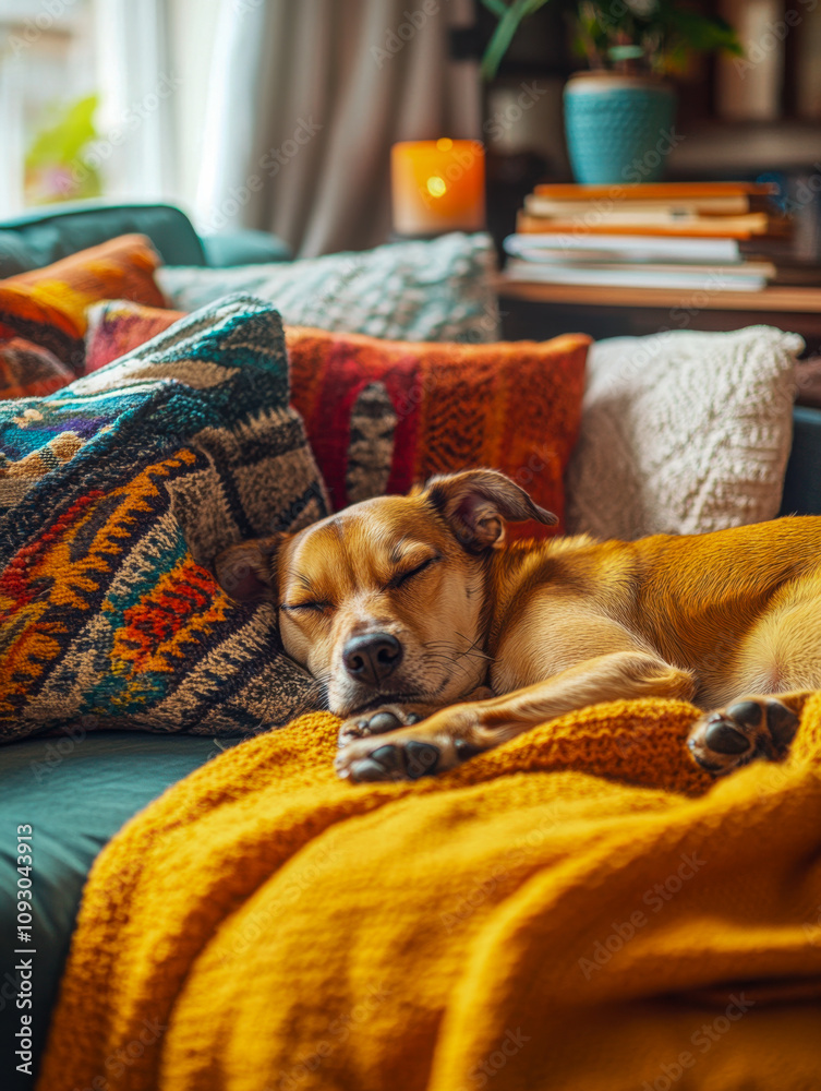 Obraz premium A mixed-breed dog curled up on a cozy couch in a vibrant living room