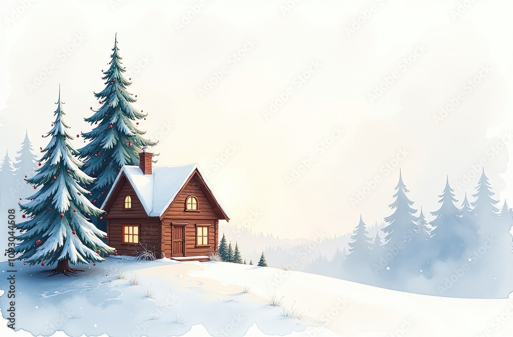 Watercolor cozy house and a gift box under Christmas tree on Christmas winter snow background with golden glitter on greeting cards. Real estate, realtor, mortgage, insurance, booking. Watercolor cozy house and a gift box under Christmas tree on Christmas winter snow background with golden glitter on greeting cards. Real estate, realtor, mortgage, insurance, booking.