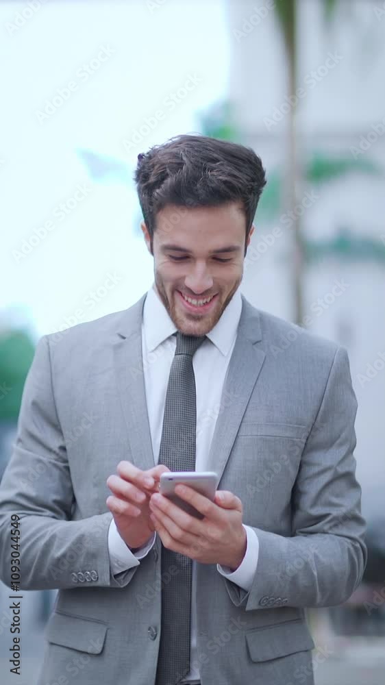 Cheerful businessman using a cell phone in a crowded street. He is checking mails, chats or the news online while walking. Cheerful businessman using a cell phone in a crowded street. He is checking mails, chats or the news online while walking.