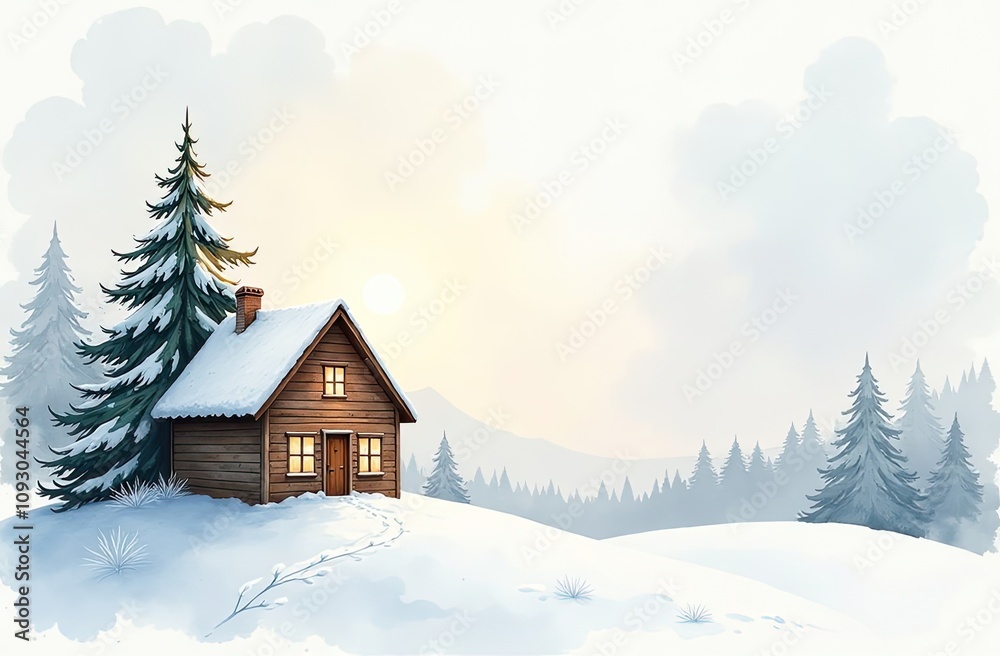 Watercolor cozy house and a gift box under Christmas tree on Christmas winter snow background with golden glitter on greeting cards. Real estate, realtor, mortgage, insurance, booking. Watercolor cozy house and a gift box under Christmas tree on Christmas winter snow background with golden glitter on greeting cards. Real estate, realtor, mortgage, insurance, booking.