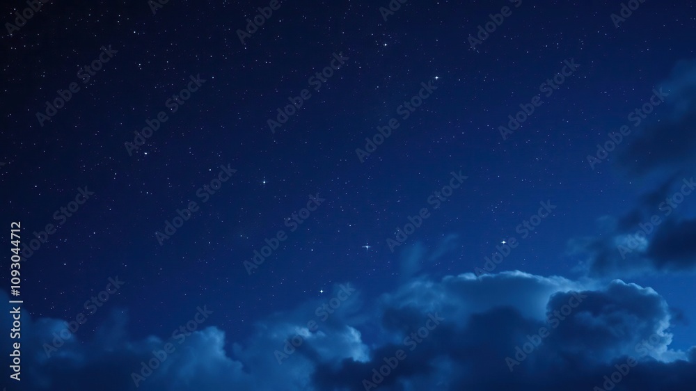 A deep indigo sky is dotted with twinkling stars and constellations, set against a backdrop of swirling cosmic clouds that evoke the mystery and wonder of the universe, zodiac, night sky, space