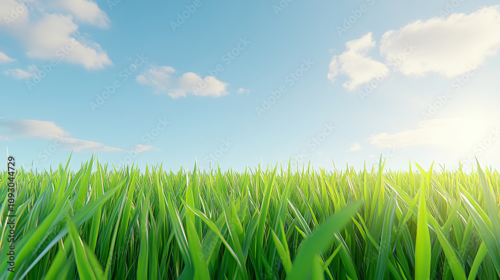 Fototapeta premium vibrant field of green grass under clear blue sky with fluffy clouds, evoking sense of tranquility and freshness. sunlight gently illuminates scene, enhancing its natural beauty