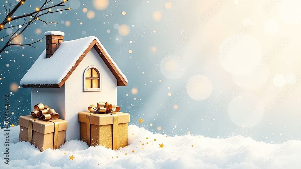 Naklejka premium Watercolor cozy house and a gift box under Christmas tree on Christmas winter snow background with golden glitter on greeting cards. Real estate, realtor, mortgage, insurance, booking.