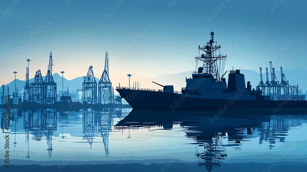 Majestic Navy Ship in a Peaceful Harbor Surrounded by Docks and Reflections A Layered Paper Cut Representation of a Modern Maritime Scene with Urban Skyline and Industrial Infrastructure Majestic Navy Ship in a Peaceful Harbor Surrounded by Docks and Reflections A Layered Paper Cut Representation of a Modern Maritime Scene with Urban Skyline and Industrial Infrastructure