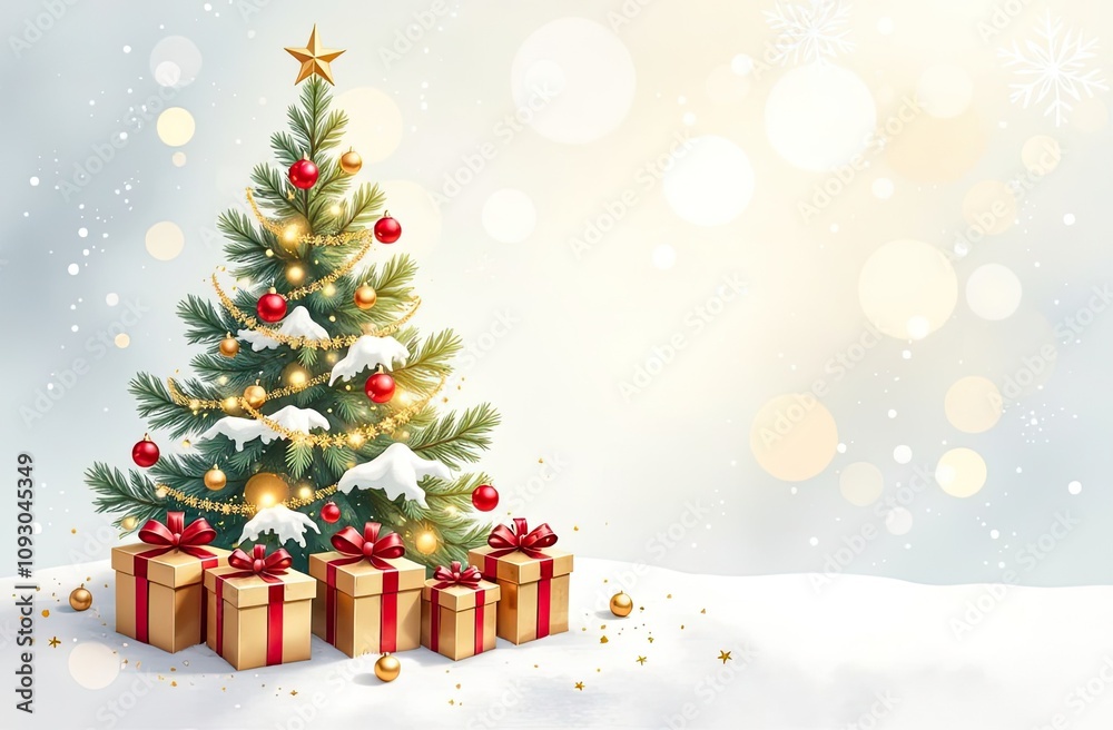 Watercolour green christmas tree and gift boxes on a radiant background. Greeting card for Christmas and New Year with copy space. AI generated Watercolour green christmas tree and gift boxes on a radiant background. Greeting card for Christmas and New Year with copy space. AI generated