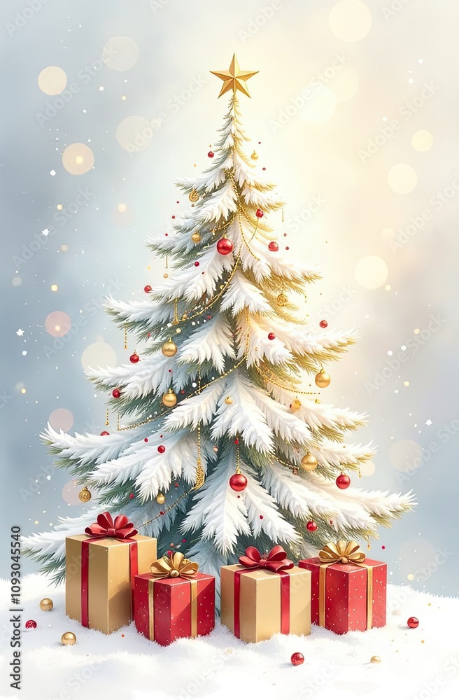 Watercolour white and gold christmas tree and gift boxes on a radiant background. Greeting card for Christmas and New Year. Watercolour white and gold christmas tree and gift boxes on a radiant background. Greeting card for Christmas and New Year.