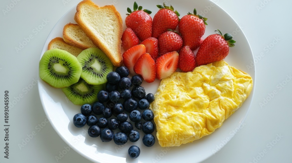 A plate of fruit and eggs with a blueberry on the plate A plate of fruit and eggs with a blueberry on the plate