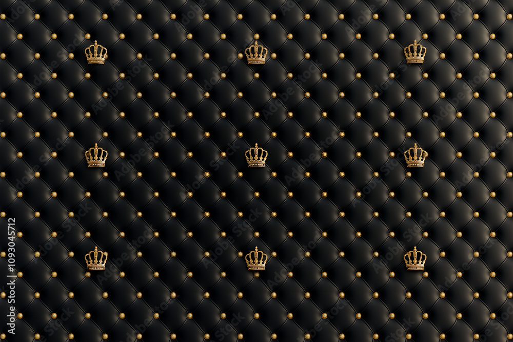 Naklejka premium Luxurious and tufted black leather texture, quilted into diamond-shaped sections decorated by crown embellishments, for high-end branding or luxury designs, with an elegant and premium quality