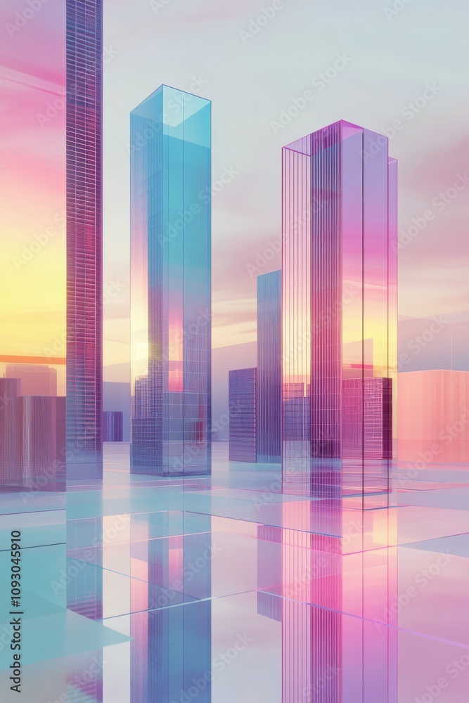 Modern skyscrapers reflect pastel sunset colors in an urban landscape Modern skyscrapers reflect pastel sunset colors in an urban landscape