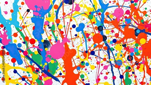 A colorful and swirling mixture of paint is splattered onto a canvas creating an energetic and dynamic artwork, paint, dynamic, art supply