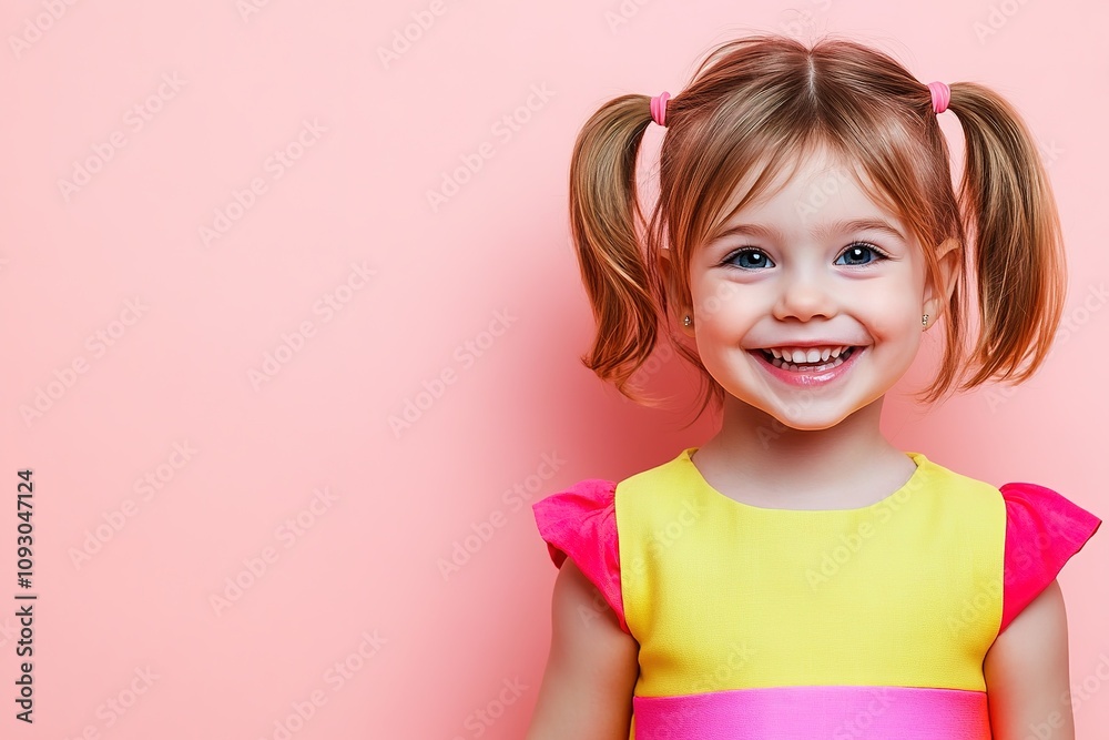 Happy girl with pigtails in colorful dress on pink Happy girl with pigtails in colorful dress on pink