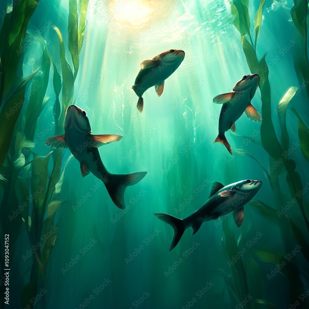 Obraz premium Four fish swim in a kelp forest, sunlight streams from above.