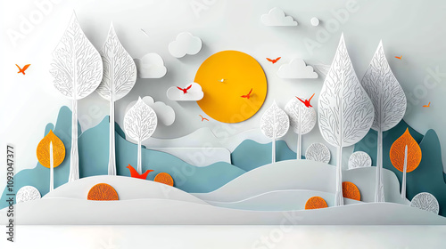 Wallpaper Mural Creative paper art displaying nature scene with trees and sun indoor space wall art minimalist style bright colors modern design Torontodigital.ca