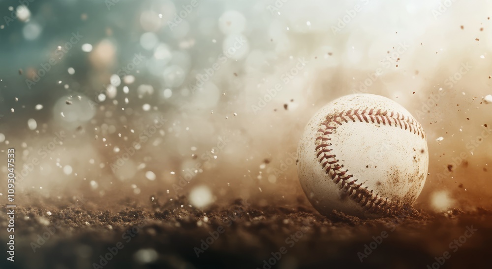 Baseball soaring through a colorful mist with sparkling particles Baseball soaring through a colorful mist with sparkling particles