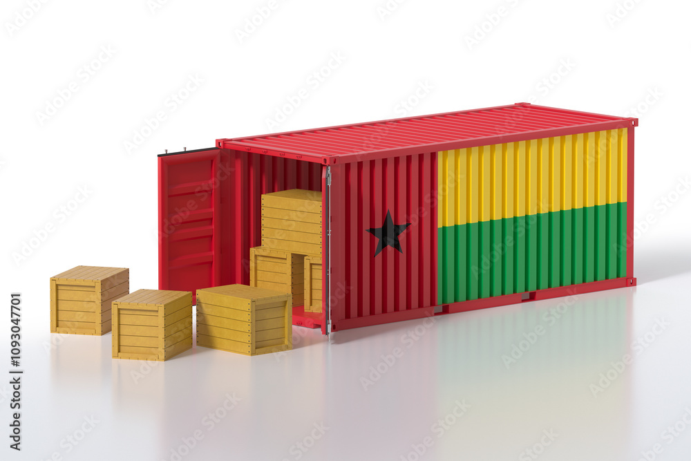 Cargo Container with Guinea-Bissau Flag Being Unloaded with Wooden Crates on White Background Cargo Container with Guinea-Bissau Flag Being Unloaded with Wooden Crates on White Background