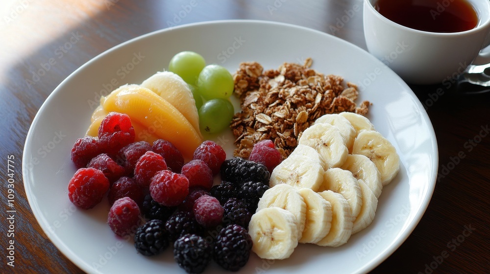 A plate of fruit and oatmeal with a cup of tea A plate of fruit and oatmeal with a cup of tea