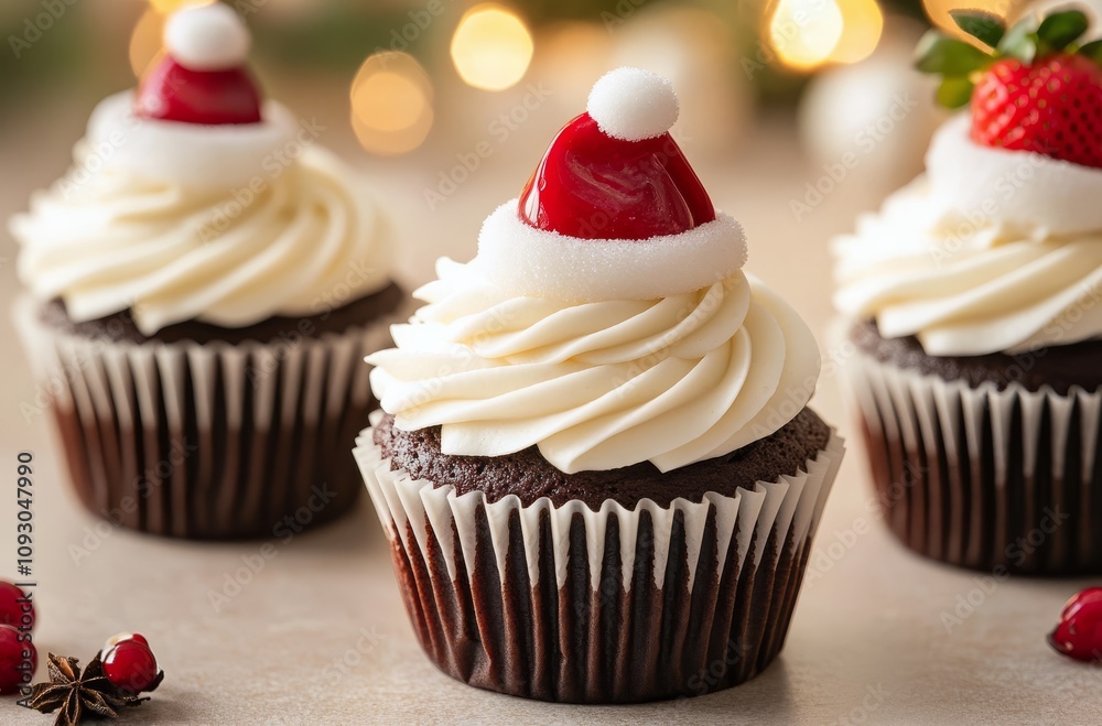 Delicious festive cupcakes topped with Santa hats ready for holiday celebrations in a cozy setting Delicious festive cupcakes topped with Santa hats ready for holiday celebrations in a cozy setting
