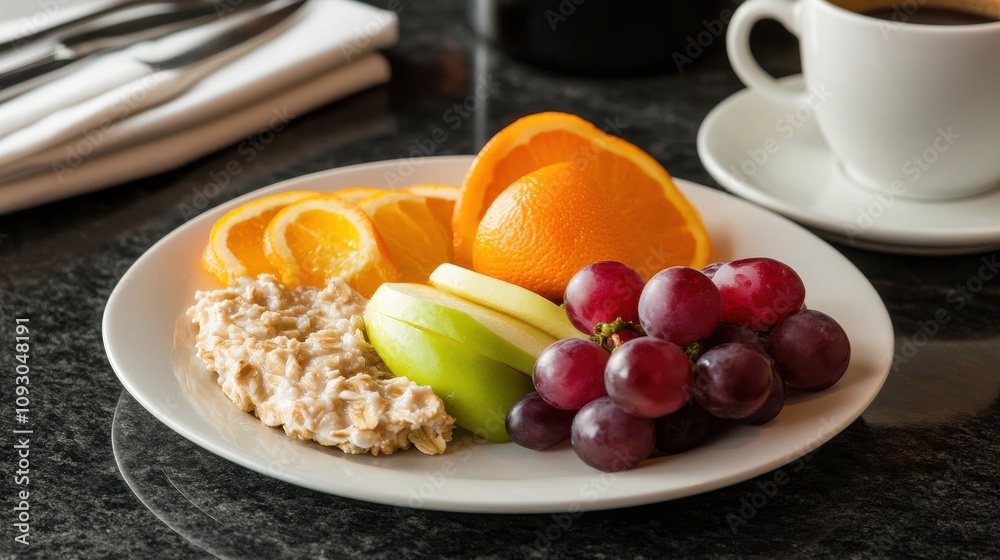 A plate of fruit and oatmeal sits on a table next to a cup of coffee A plate of fruit and oatmeal sits on a table next to a cup of coffee