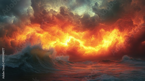 Dramatic Sunset Over Roiling Ocean Waves with Fiery Skies Illuminating Clouds and Water in Vivid Hues of Orange, Red, and Blue