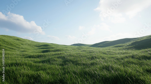 Lush green hills under bright sky create serene landscape