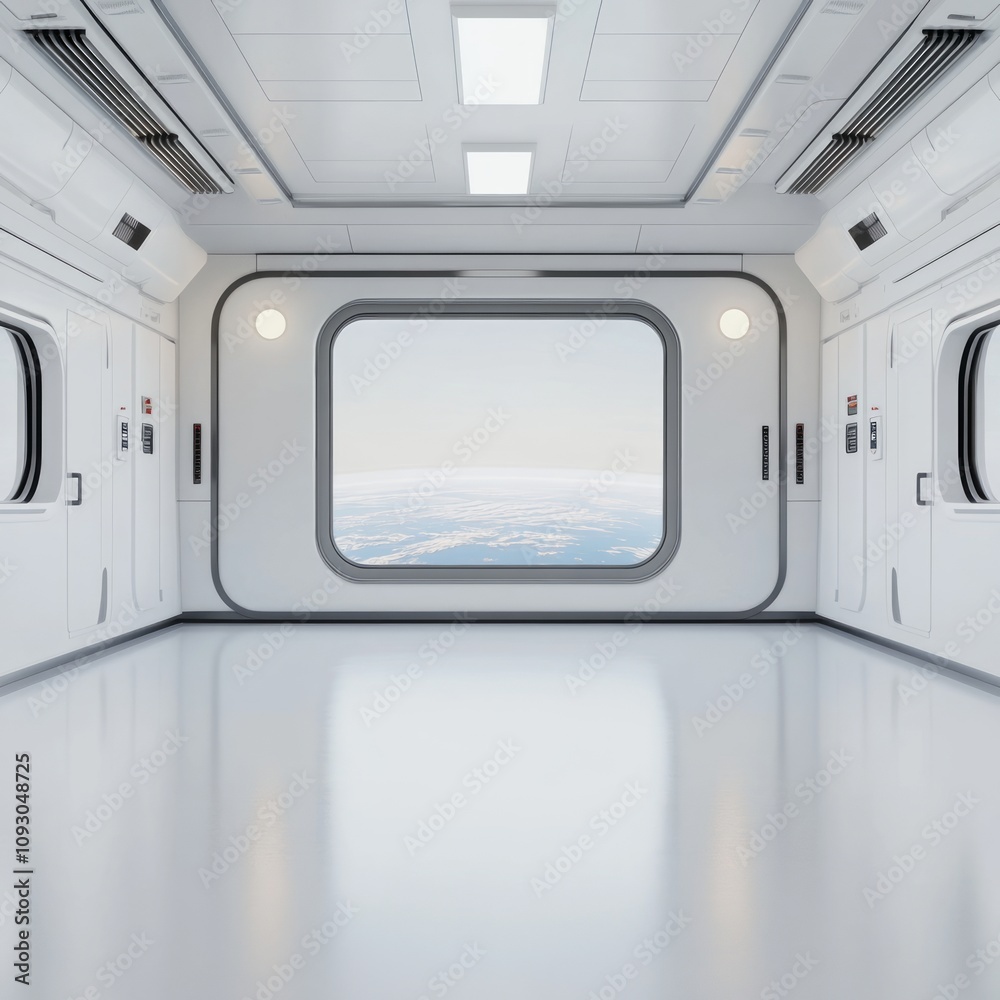 Futuristic spaceship interior with large window showing Earth. Futuristic spaceship interior with large window showing Earth.