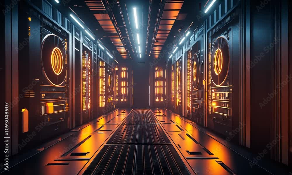 Futuristic server room corridor with glowing orange lights and dark metallic walls. Futuristic server room corridor with glowing orange lights and dark metallic walls.