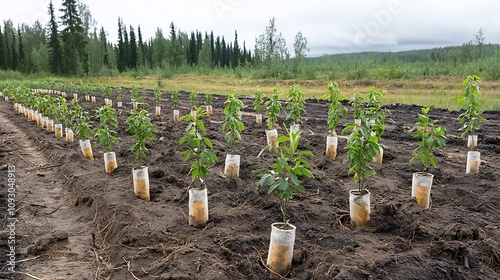 Small tree saplings lined up in a reclaimed forest area highlighting the process of forest and environmental The image represents the concept of sustainability ecological conservation photo