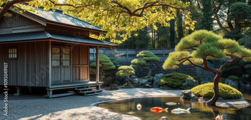 A serene Japanese tea house stands humbly beside a tranquil koi pond, its wooden slats weathered to a soft silvery grey. The water's gentle lapping against the shore creates a soothing melody. photo