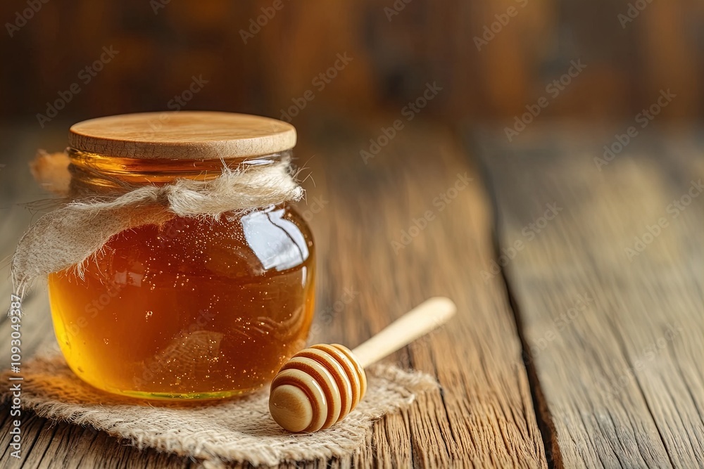 Natural honey in a jar with wooden dipper on rustic wooden table for culinary uses and health benefits Natural honey in a jar with wooden dipper on rustic wooden table for culinary uses and health benefits