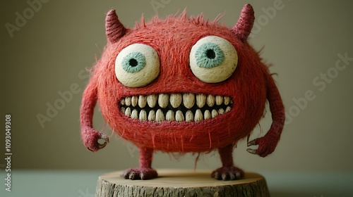 A charming handmade monster art toy with exaggerated proportions, set on a small wooden base in a home studio