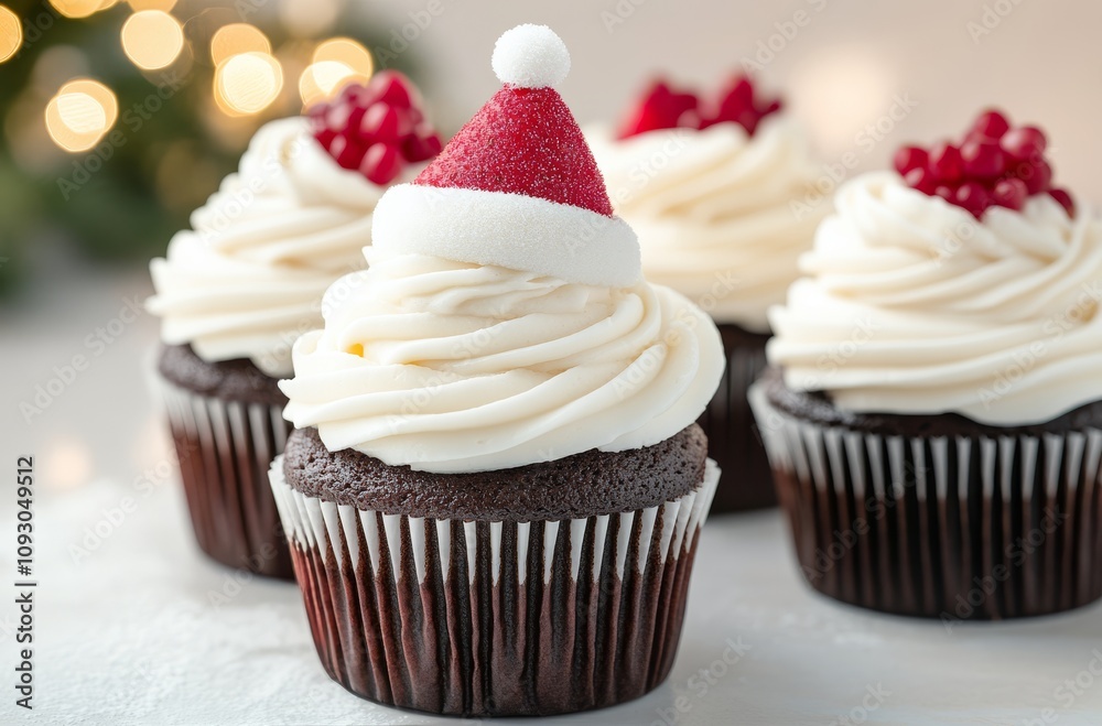 Delicious festive cupcakes topped with Santa hats ready for holiday celebrations in a cozy setting Delicious festive cupcakes topped with Santa hats ready for holiday celebrations in a cozy setting