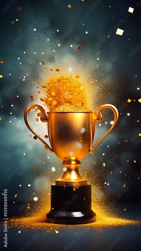 Golden trophy with sparkling confetti on a dark background. Video of award and celebration concept
Golden trophy with sparkling confetti on a dark background. Video of award and celebration concept