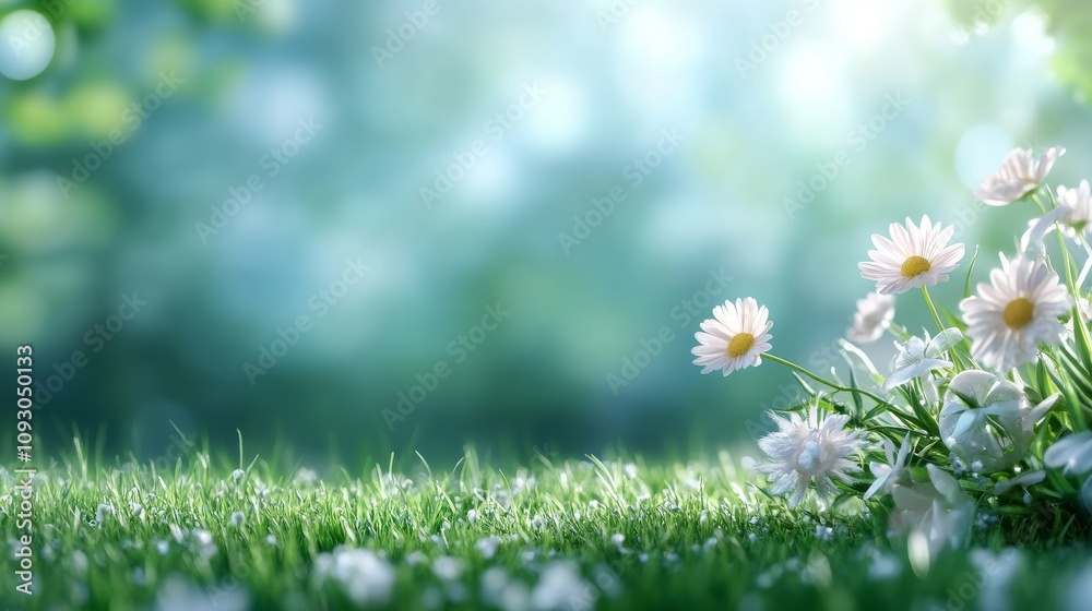 Beautiful close-up of delicate daisies blooming in a lush green meadow under soft sunlight, capturing the essence of nature's beauty and tranquility in springtime. Beautiful close-up of delicate daisies blooming in a lush green meadow under soft sunlight, capturing the essence of nature's beauty and tranquility in springtime.