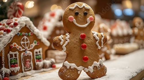 A gingerbread man art toy with frosting details, candy buttons, and a mischievous grin, posed in front of a gingerbread house photo