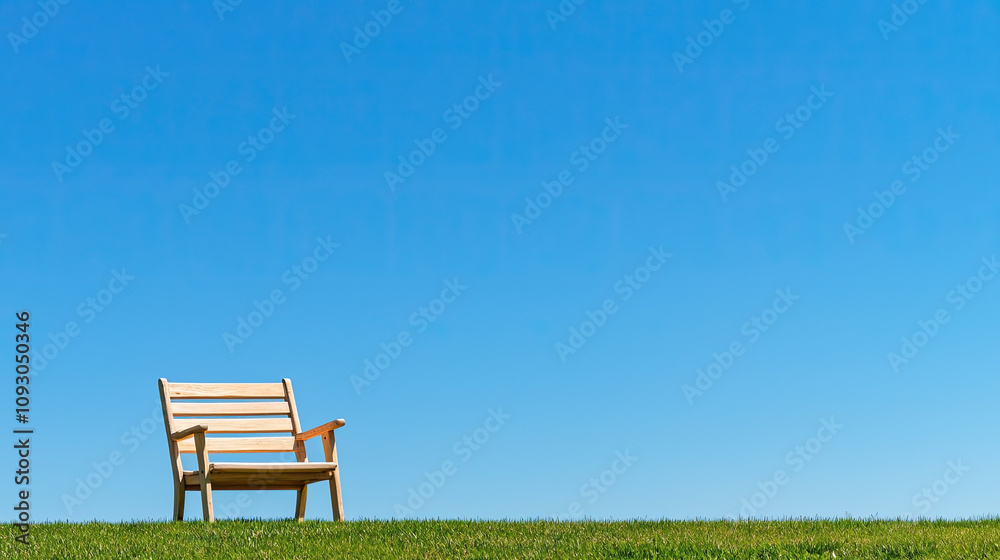 wooden bench sits on green grass under clear blue sky wooden bench sits on green grass under clear blue sky