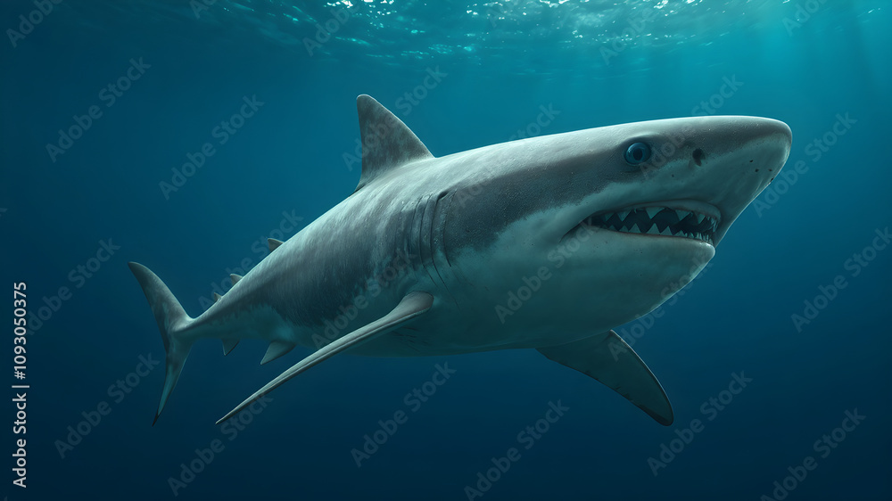 8K Sea Creature Background with a Great White Shark Floating in Deep Sea Water. Deep blue background 8K Sea Creature Background with a Great White Shark Floating in Deep Sea Water. Deep blue background