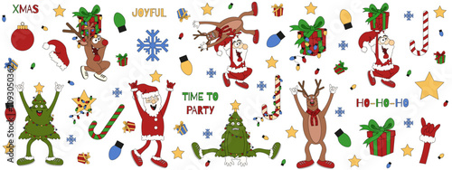 Big Funky Christmas Characters set isolated white background. Santa claus Reindeer Christmas ball star tree in trendy flat Cartoonish style. Vector illustration for festive Xmas design. 