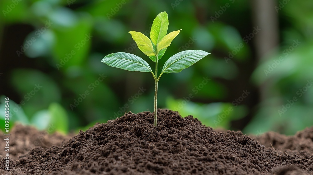 Closeup of a young tree seedling growing in rich fertile soil during a reforestation initiative Closeup of a young tree seedling growing in rich fertile soil during a reforestation initiative