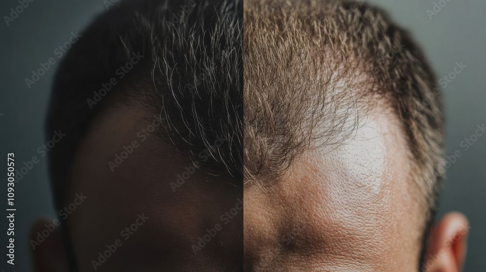 Before and after hair restoration treatment showing significant improvement in hair density, taken indoors with focused lighting Before and after hair restoration treatment showing significant improvement in hair density, taken indoors with focused lighting