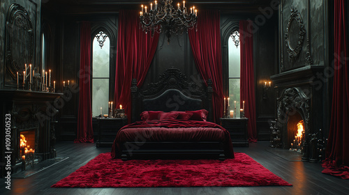 Gothic bedroom with dark red velvet curtains. photo