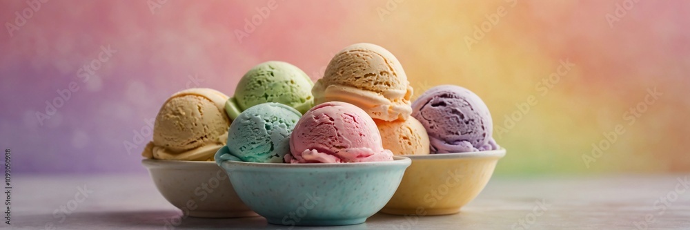 Bowl of Rainbow Colored Ice Cream Scoops Soft Pastel Background Side View Bowl of Rainbow Colored Ice Cream Scoops Soft Pastel Background Side View