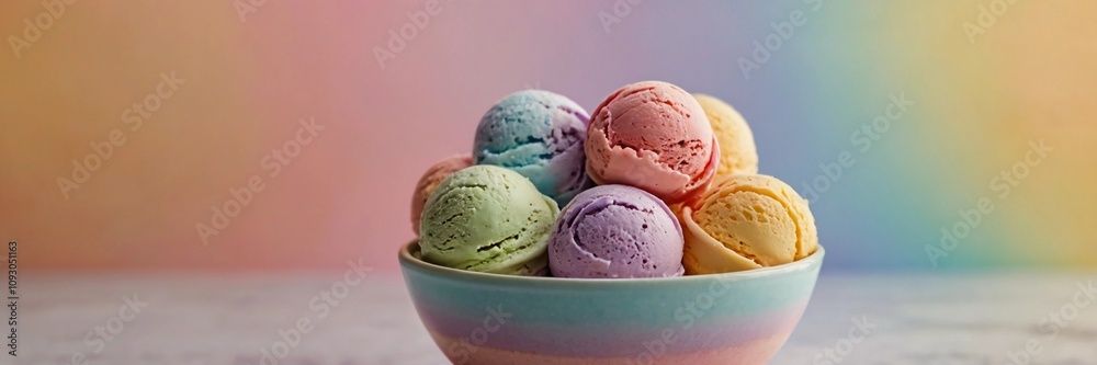 Bowl of Rainbow Colored Ice Cream Scoops Soft Pastel Background Side View Bowl of Rainbow Colored Ice Cream Scoops Soft Pastel Background Side View