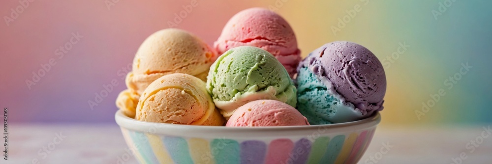 Bowl of Rainbow Colored Ice Cream Scoops Soft Pastel Background Side View Bowl of Rainbow Colored Ice Cream Scoops Soft Pastel Background Side View