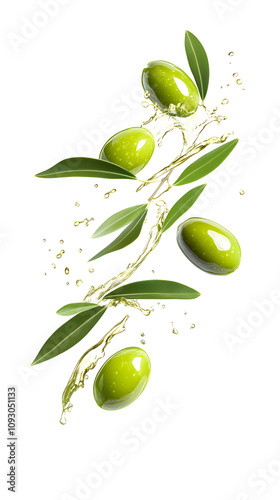  Green olives with leaves and oil splash isolated on white background