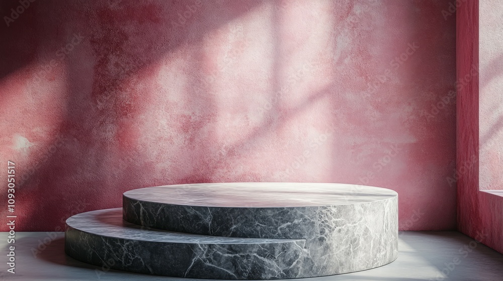 Empty White Marble Round Podium on Pink Studio Background Empty White Marble Round Podium on Pink Studio Background