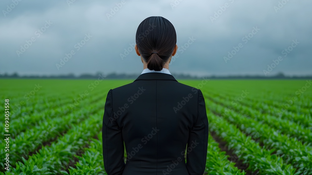 Embracing Nature: A Corporate Woman's Solitude Amidst Lush Green Fields on a Cloudy Day. Adaptability Quotient Concept