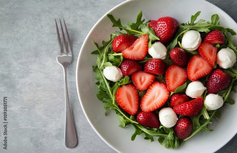 Fresh salad with strawberries and cheese arranged in heart shape on a gray table Fresh salad with strawberries and cheese arranged in heart shape on a gray table
