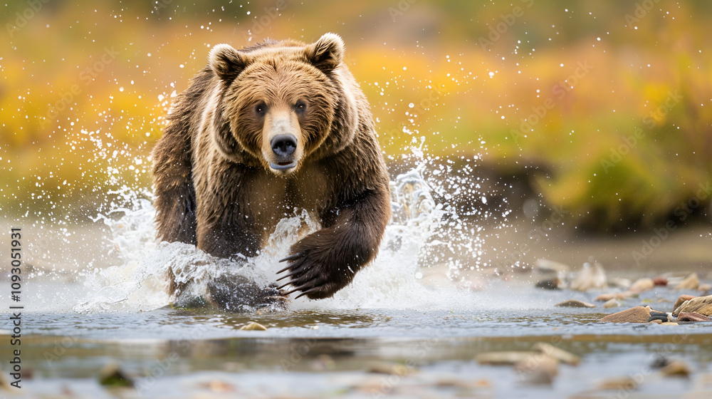 Angry grizzly bear in rage sprinting in water town Angry grizzly bear in rage sprinting in water town